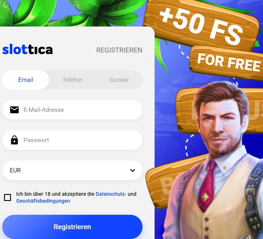 Скриншот формы регистрации казино Slottica